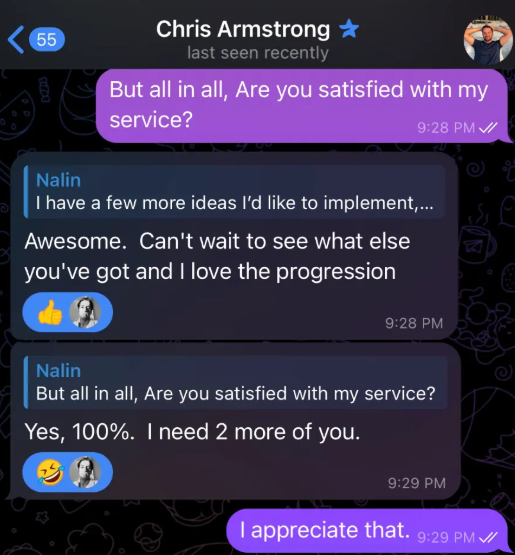 Chris Armstrong says he is 100% satisfied with Nalin’s service